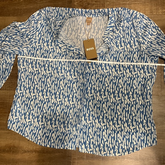 NWT!! HUGO BOSS Regular-Fit Blue + Cream Print Silk Crepe du Chine: SZ 14 - $348 - Picture 14 of 16